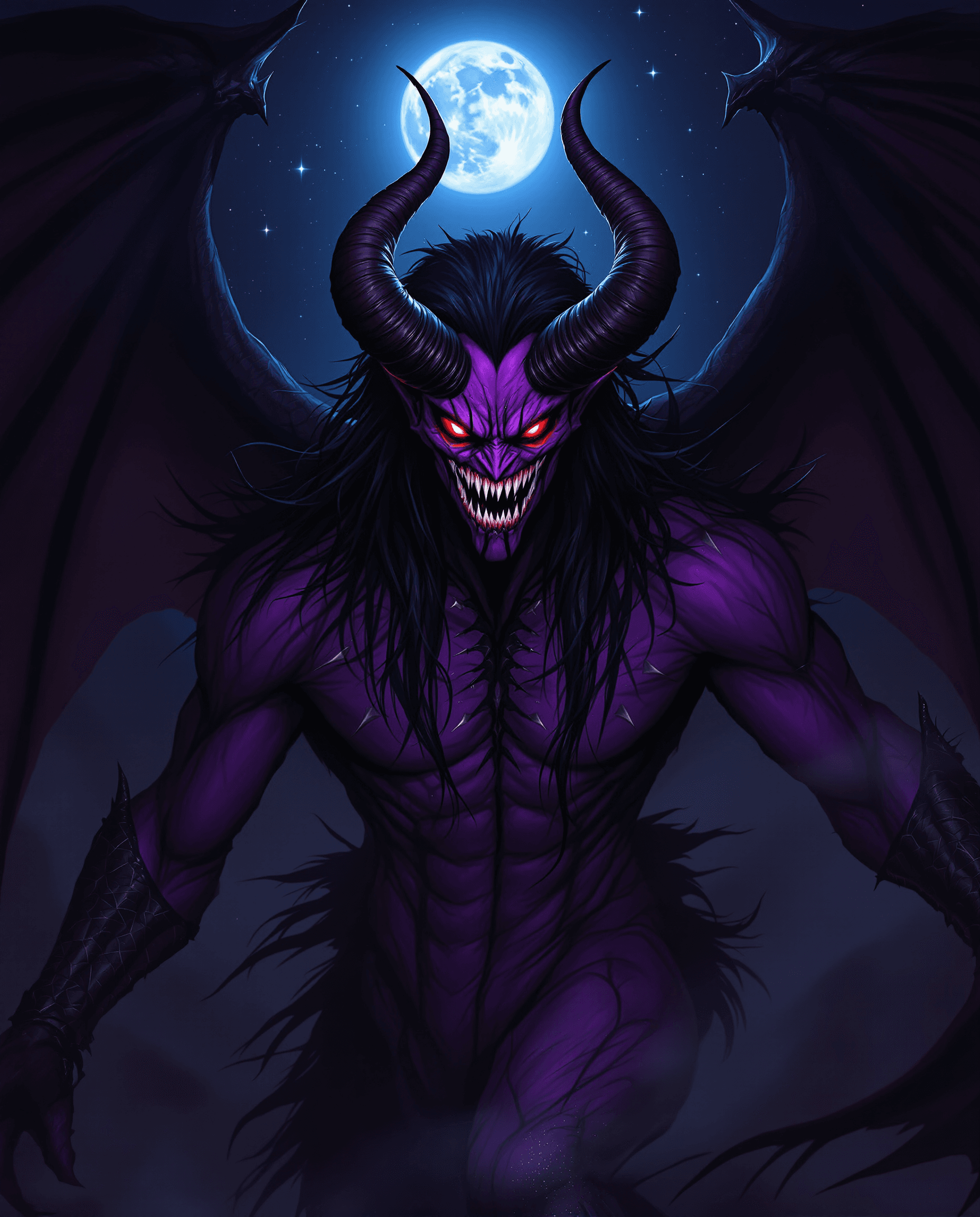 AI generated: Avenging demon with purple skin,piercing red eyes, large horns and bat wings,Bodyspikes all over his...