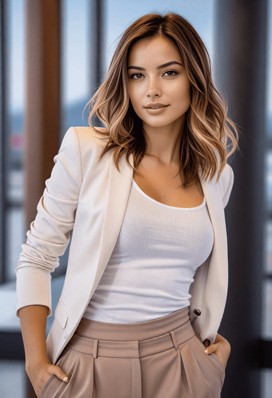 AI generated: A woman with shoulder-length wavy blonde hair, wearing a white tank top, light beige blazer, and hig...
