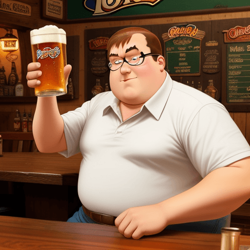 AI generated: peter griffin as a real person.he is sitting in moe's tavern drinking a beer