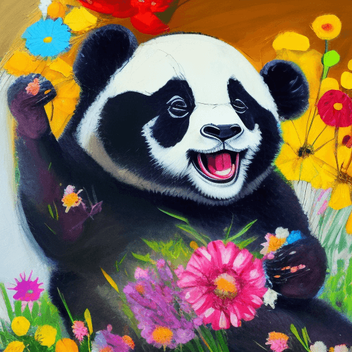AI generated: a rolling on the floor laughing panda with a bouquet of wild flowers, funny abstract art, oil on can...