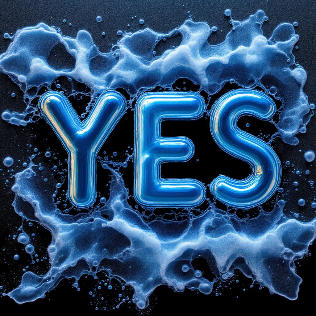 AI generated: experimental photography, flat lay, form of "YES", blue color bubbly texture, thin soap film membran...