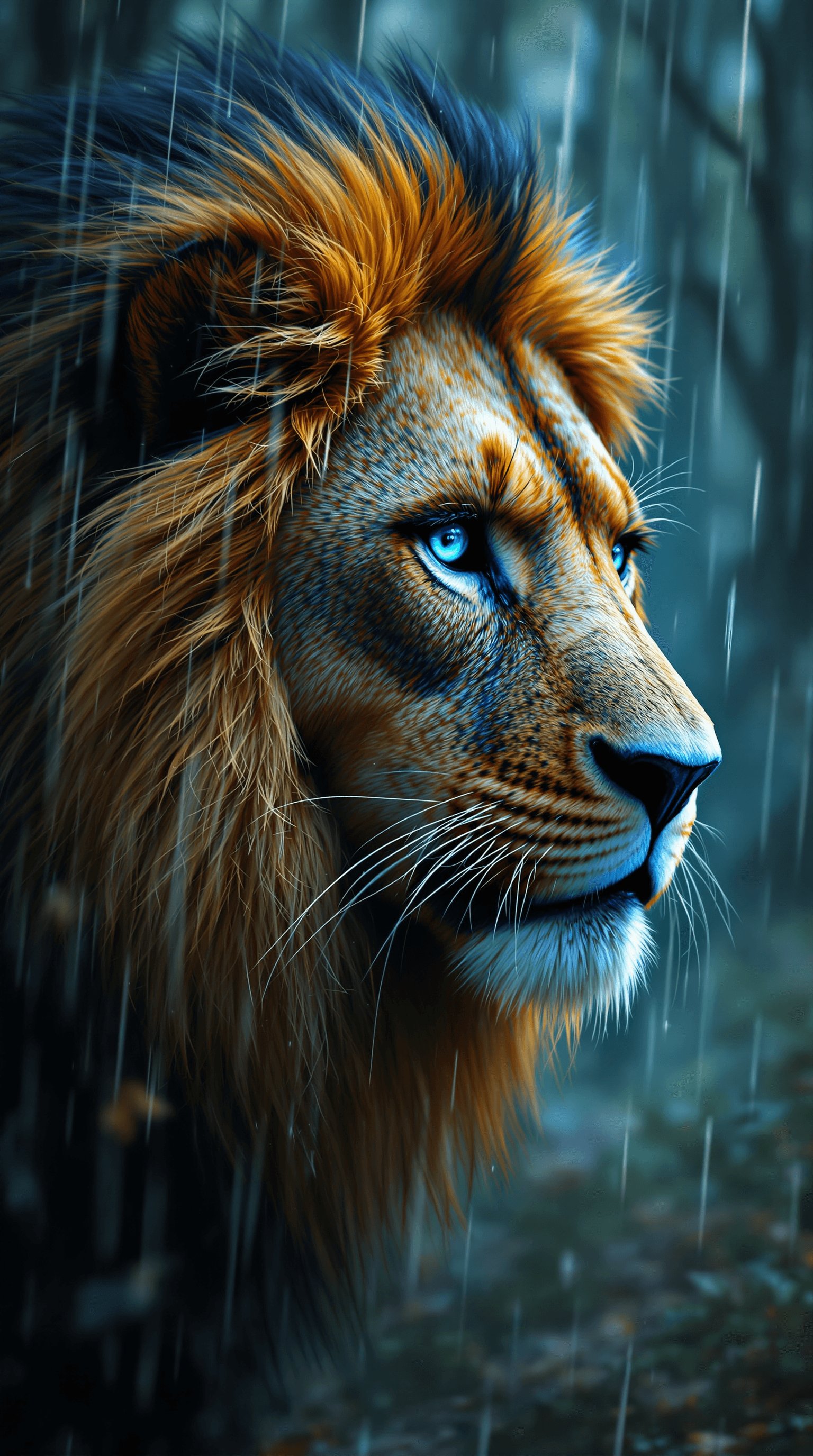 AI generated: blue eyed lion a scary forest rainy weather