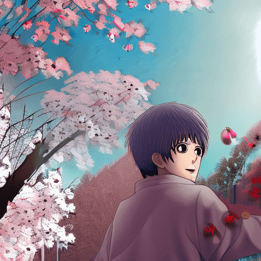 AI generated: Sakata Gintoki from gintama looking the sky and holding a cherry leaf  three ,  overhead shot , the ...