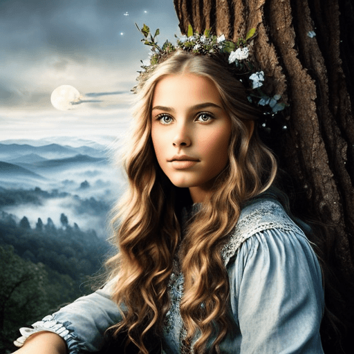 AI generated: A beautiful girl sits in front of a tree and looks at a fantastic valley, castles, elves, beautiful ...