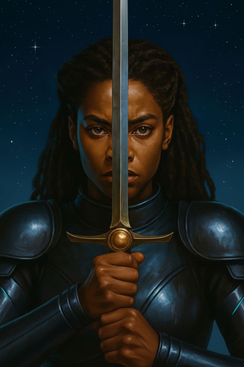 AI generated: Use the uploaded picture to design her face. A hyper-realistic digital painting of a strong Black fe...