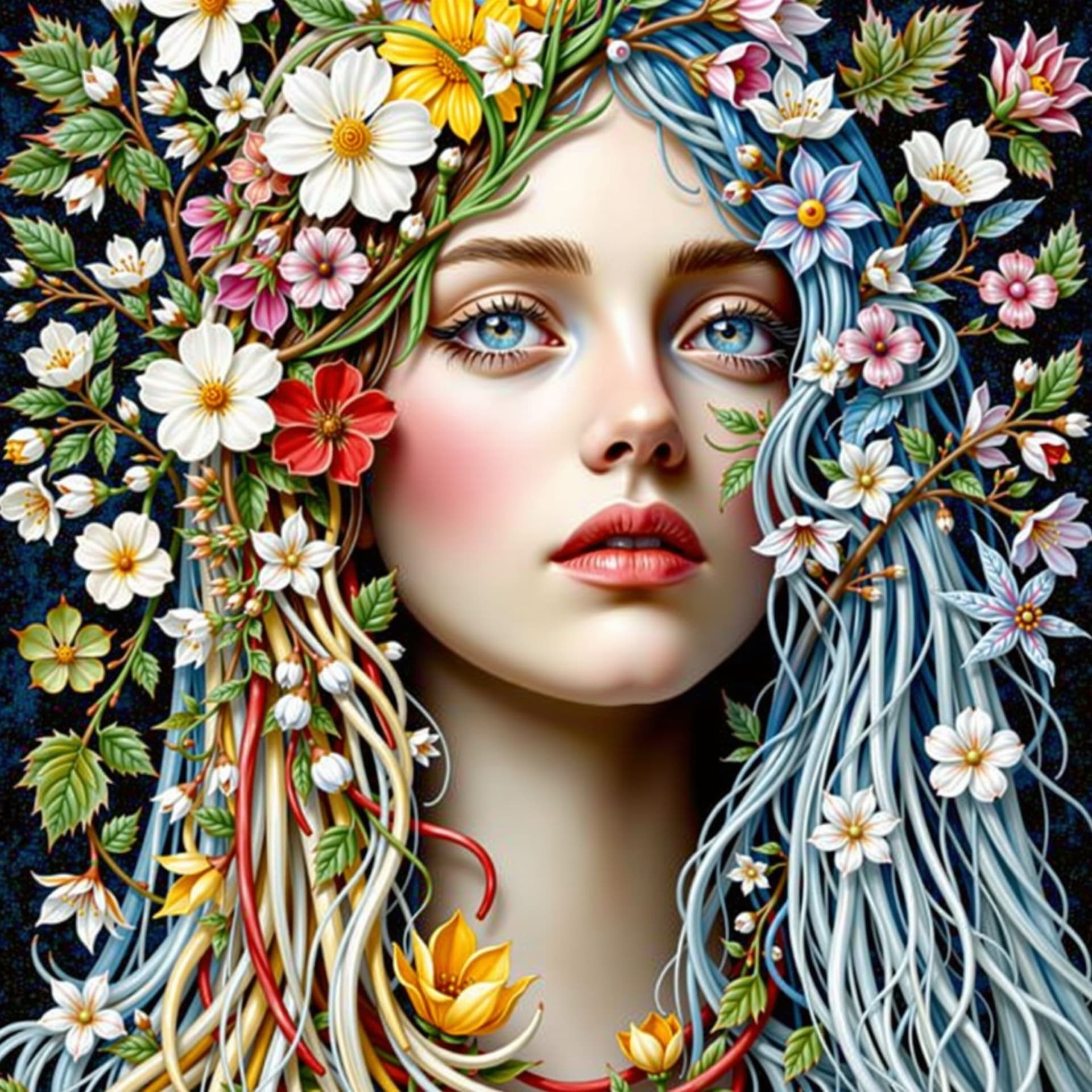 AI generated: The face of Mother Nature, woven from all seasons simultaneously: spring blossoms, summer sun, autum...
