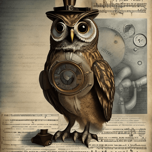 AI generated: An owl that holds a speech in front of an audience. Ambiente, science fiction, steampunk, full body.