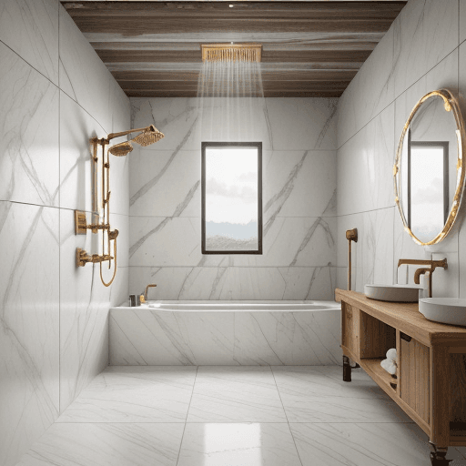 AI generated: high quality photo realisitc 4k,8k,16 k details,neoclassic and industrial style,white marble and woo...