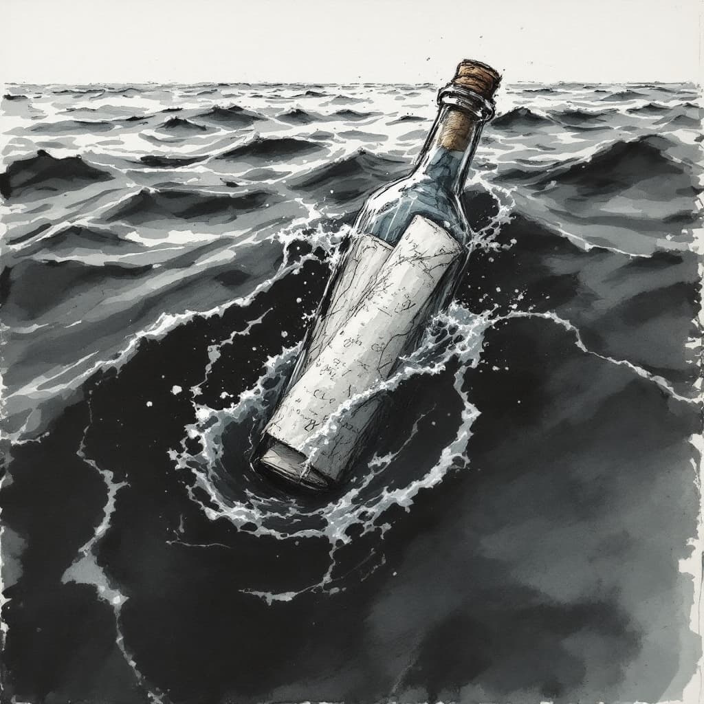 AI generated: an artistic Wet ink, charcoal sketch of a paper rolled inside a bottle, submerged, tilted bottle, fl...