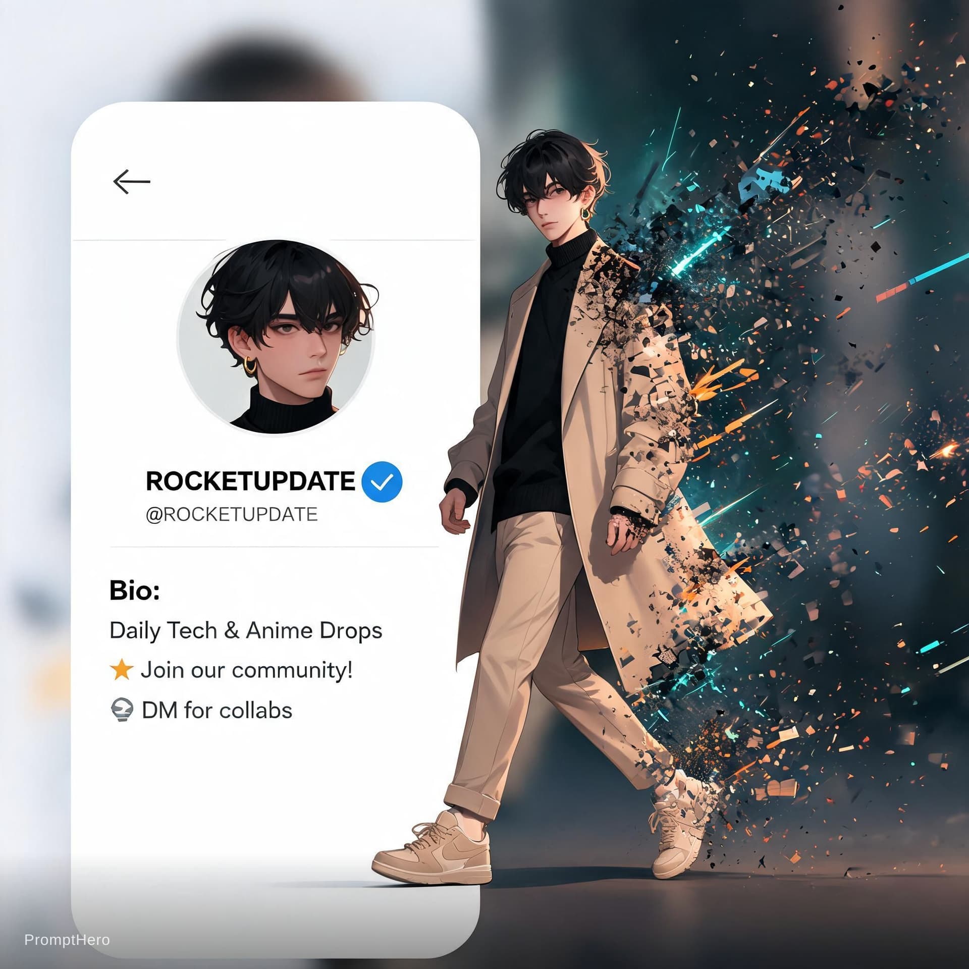 AI generated: A cinematic digital artwork of a stylish animated BOY walking out of a modern X (Telegram) profile i...