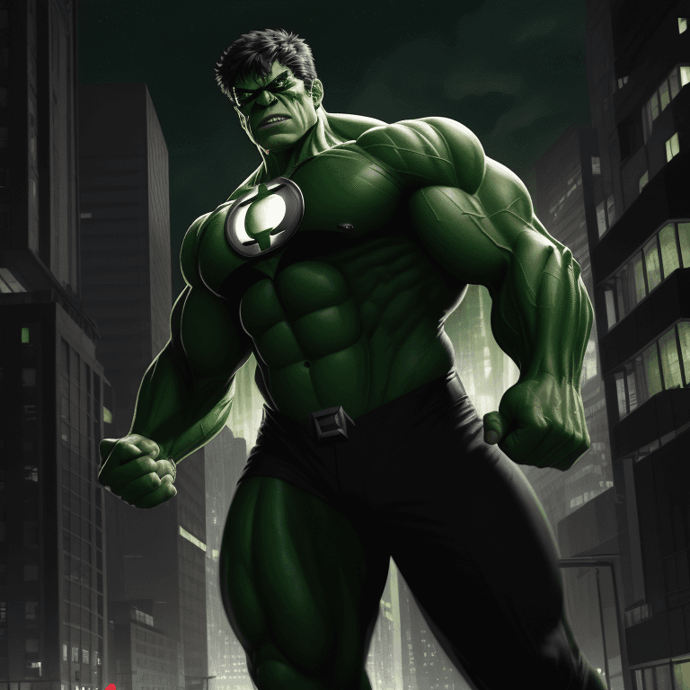 AI generated: hulk with full green lantern costume, reddish eyes, urban avenue, modernist buildings from the year ...