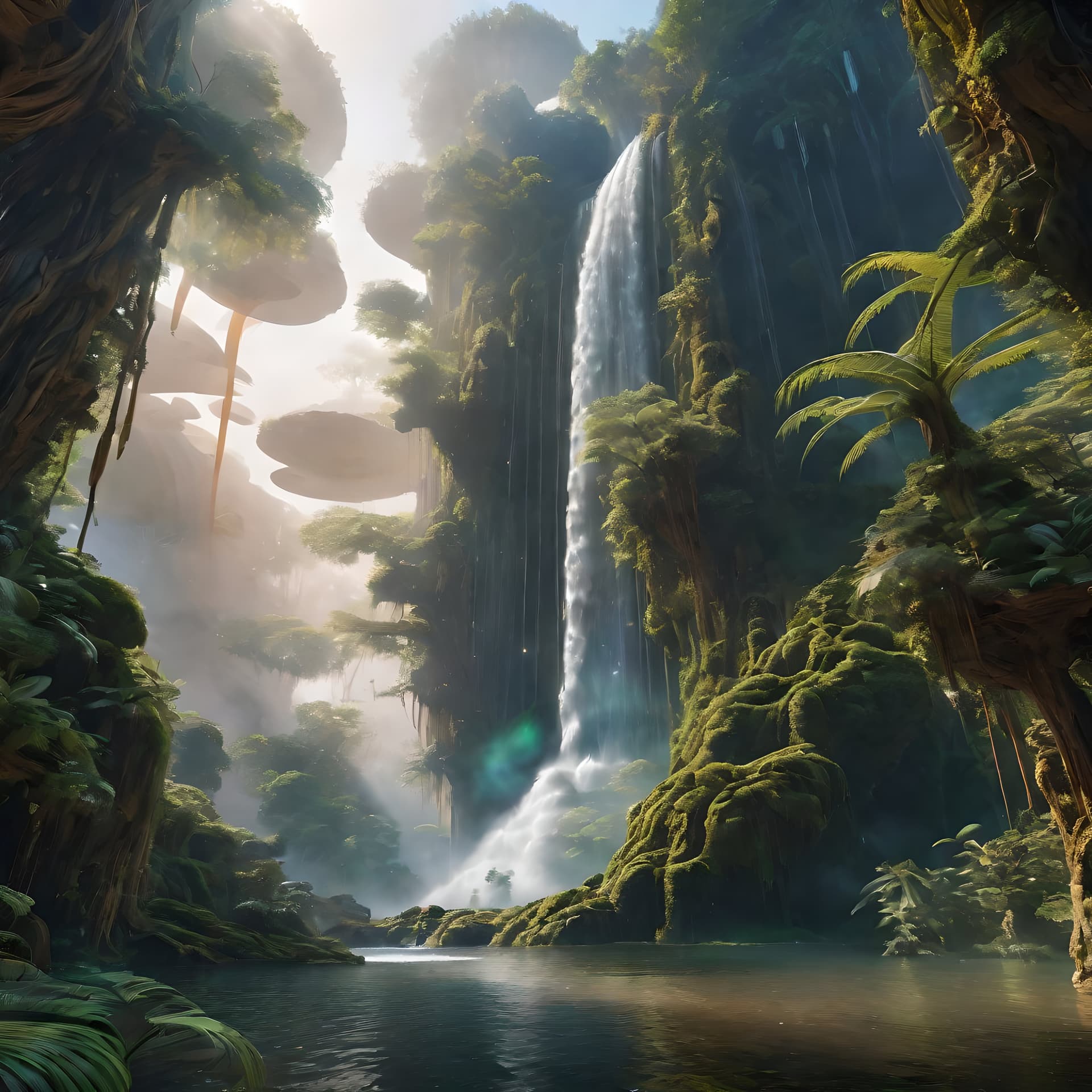 AI generated: An alien waterfall in a strange, otherworldly rainforest with planets in the sky that are hazy from ...