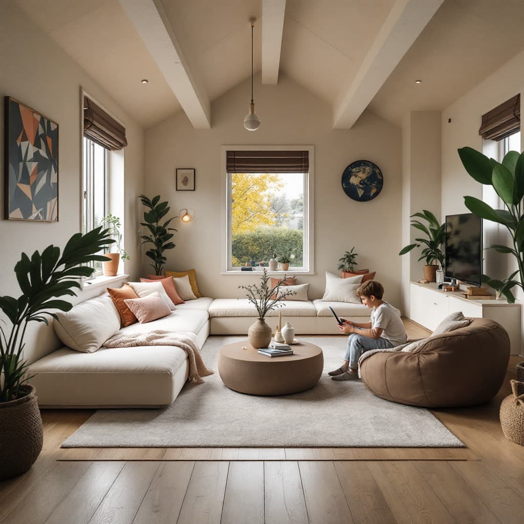 AI generated: High resolution photography interior design, dreamy sunken living room conversation pit, wooden floo...