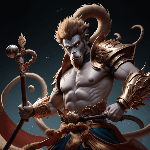 AI generated: Dark, concept art, mid shot, dynamic pose, centered, splash art, Sun wukong, (anthropomorphism, monk...