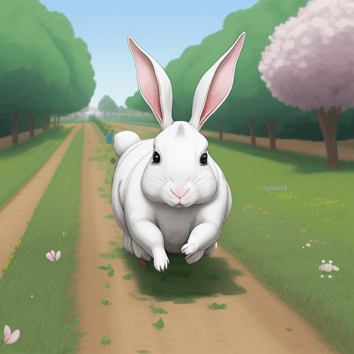 AI generated: Un conejo blanco con largas orejas corriendo en un campo grande y verde con flores alrededor.