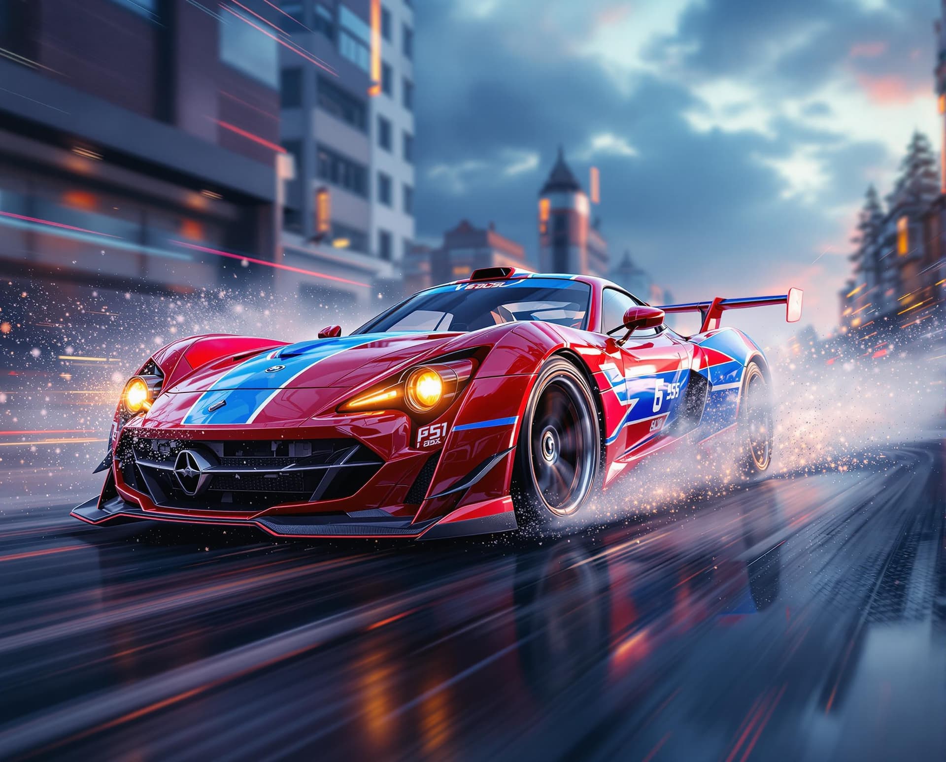 AI generated: an action scene: beautiful striped (red and blue car), insanely realistic, 4k, 8k extremely detailed...