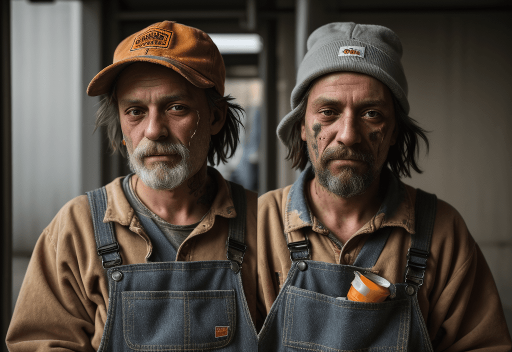 AI generated: A soul-stirring portrait of a homeless street addict. He is wearing Carhart overalls  Years of abuse...