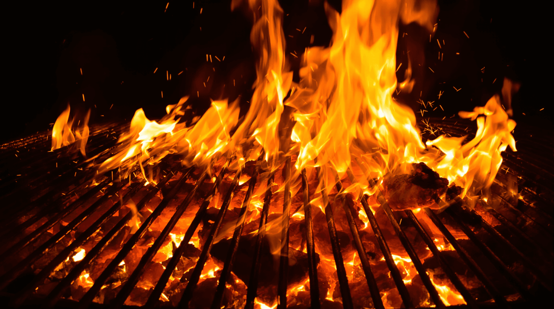 AI generated: Blazing barbecue grill, fiery flames, glowing embers, hot coals, metal grates, sparks flying, dark b...