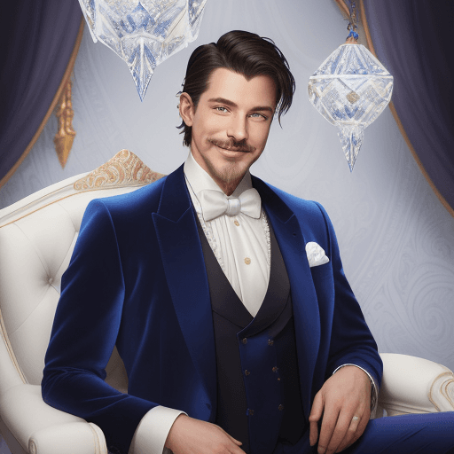 AI generated: A portrait of a man wearing a blue suit and white shirt, seated in front of an elegant, decorative b...