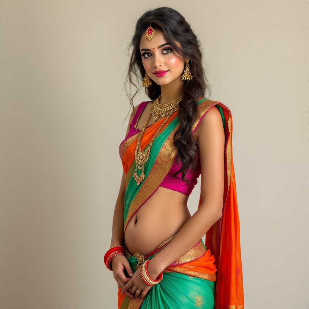 AI generated: hot petite young Indian girl wearing saree showing navel
