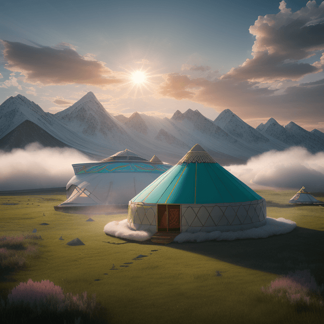 AI generated: Kazakh tradition yurt. image ultra HD  . Yurt futuristic parametric buildings.  the clouds extend be...