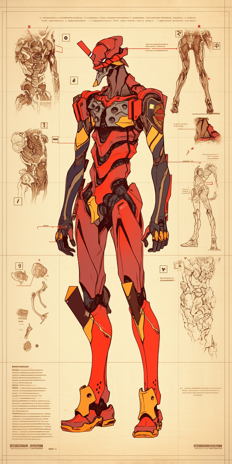 AI generated: 
anatomical picture of a Eva-02 with cross-sections, the Eva-02 has bones and a circulatory system ...