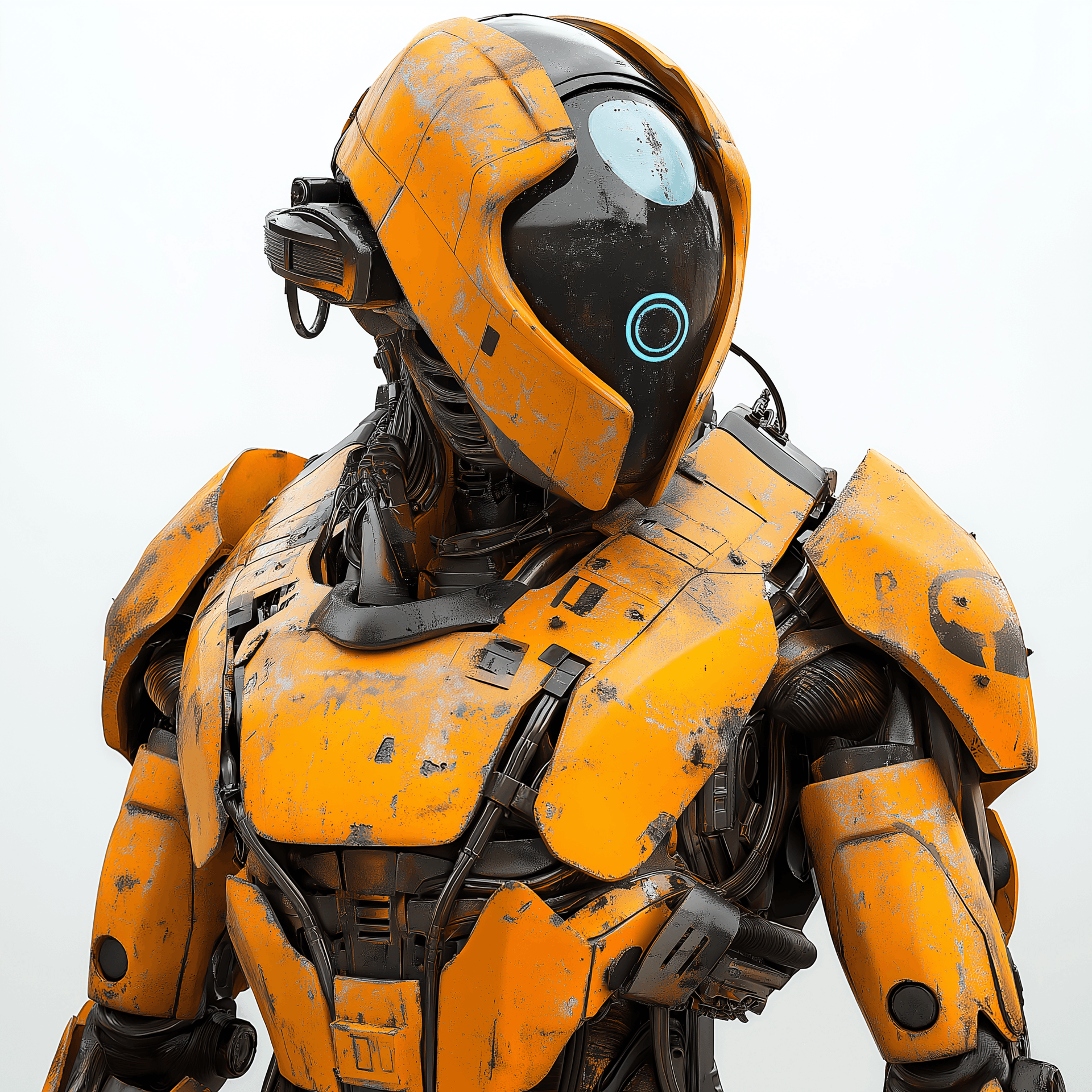 AI generated: Ultra Realistic, Urban Mecha, damaged orange amour, futuristic cyberpunk style and feel dark dystopi...
