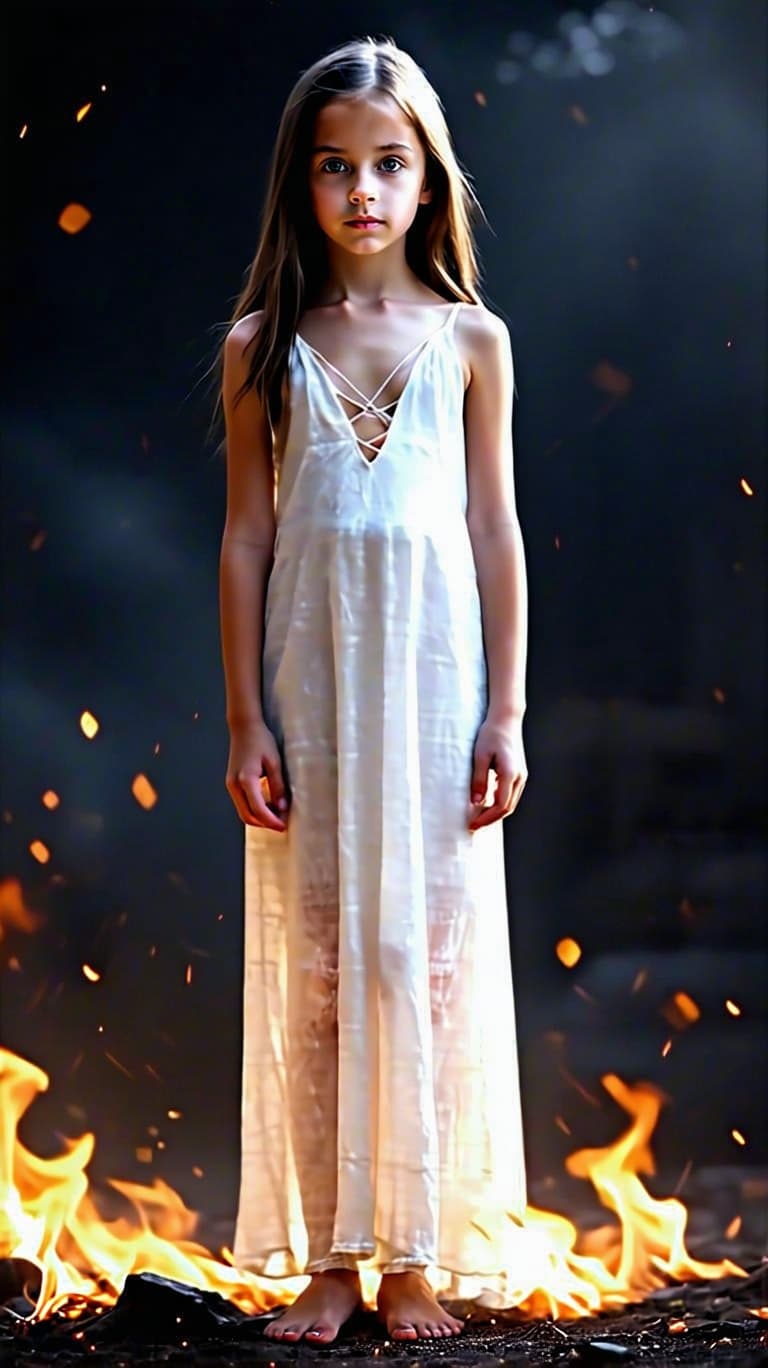 AI generated: beautiful tween vampire girl, wearing a low cut v top white night gown (full body), (high detail), (...