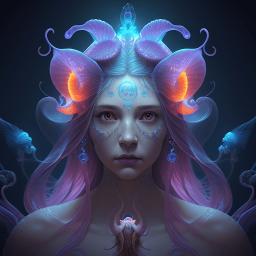 AI generated: Goddess close-up portrait ribcagel. jellyfish phoenix head, nautilus, orchid, skull, betta fish, bio...