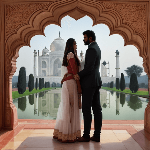 AI generated: Silueta de una pareja española en taj Mahal  de la india