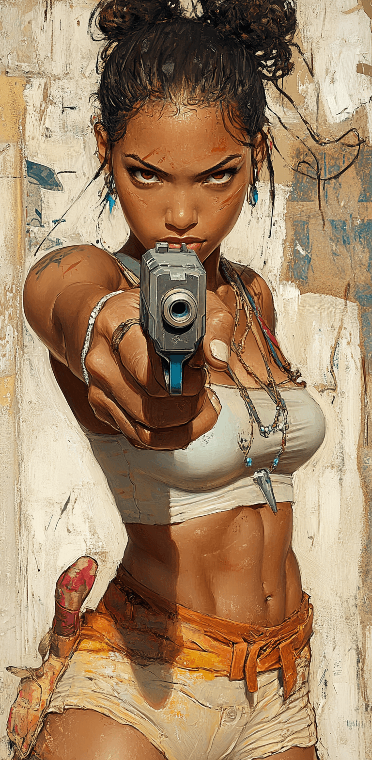 AI generated: an image of an animation character holding a gun, in the style of womancore, comic art, realistic oi...