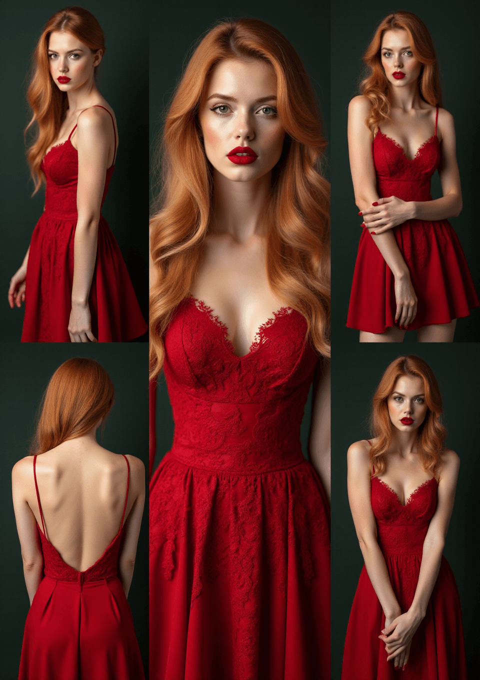 AI generated: ((Collage of photos)) of a woman with reddish blonde hair and red lips wearing a (red lace dress) in...