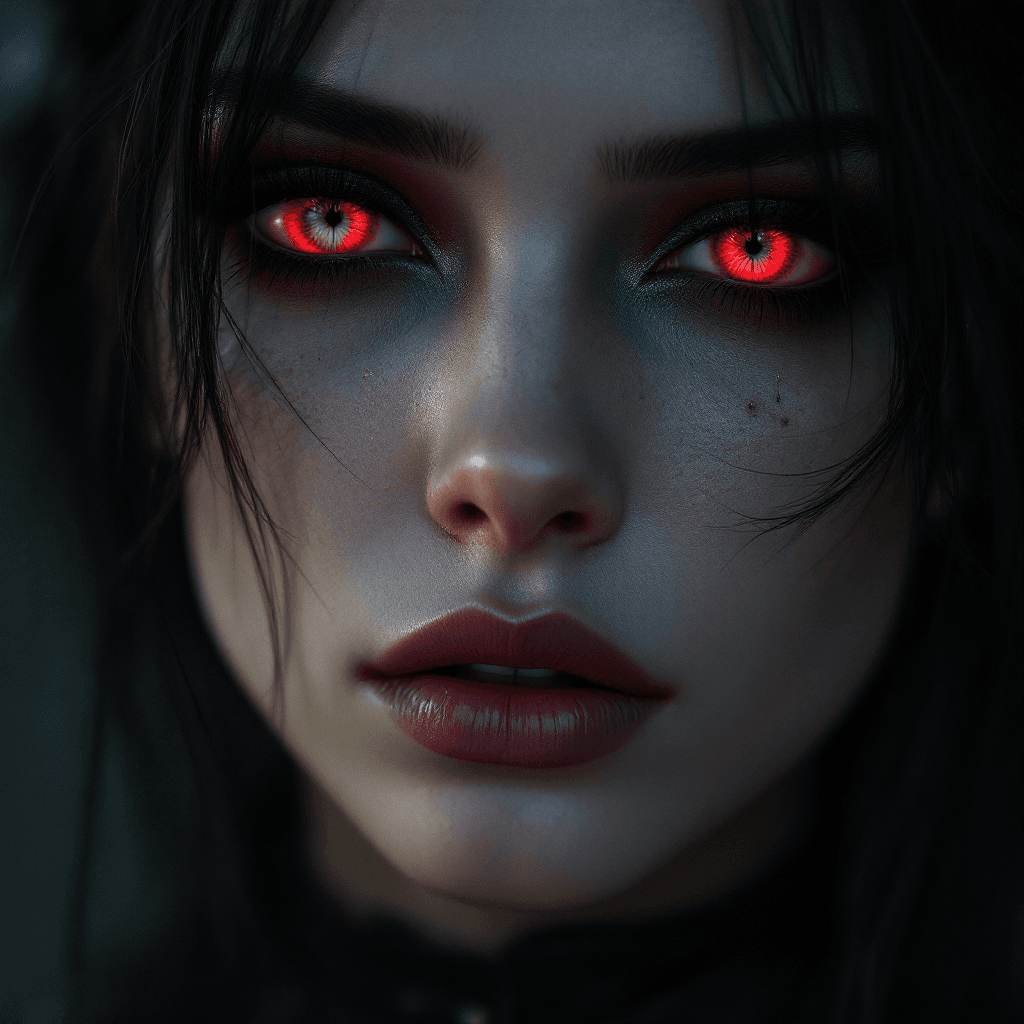 AI generated: a woman with red eyes, black goth makeup, in the style of realism with fantasy elements, daz3d, fine...