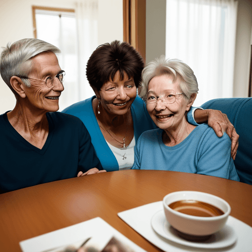 AI generated: a YOUNG MAN  IS AT HIS PARENT VISITING THEM. tHE PARENTS ARE OLD  AND HAPPY