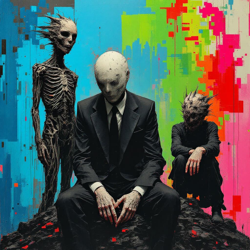 AI generated: A surreal, abstract artwork featuring three figures. The central figure is seated in a dark suit, wi...
