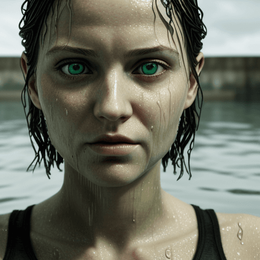 AI generated: the face of woman with beautiful green eyes, in water, in the style of dystopian realism, realistic ...