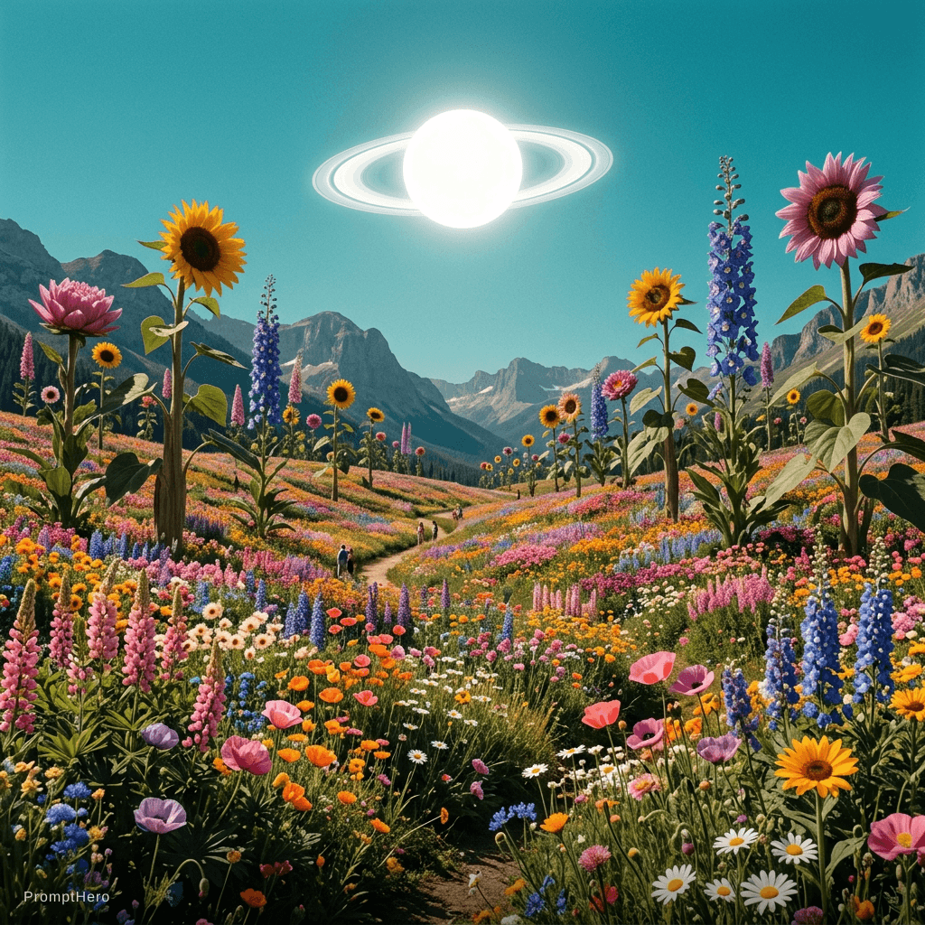 AI generated: a scenic landscape of a massive field of flowers some flowers are as tall as trees but the sky has a...
