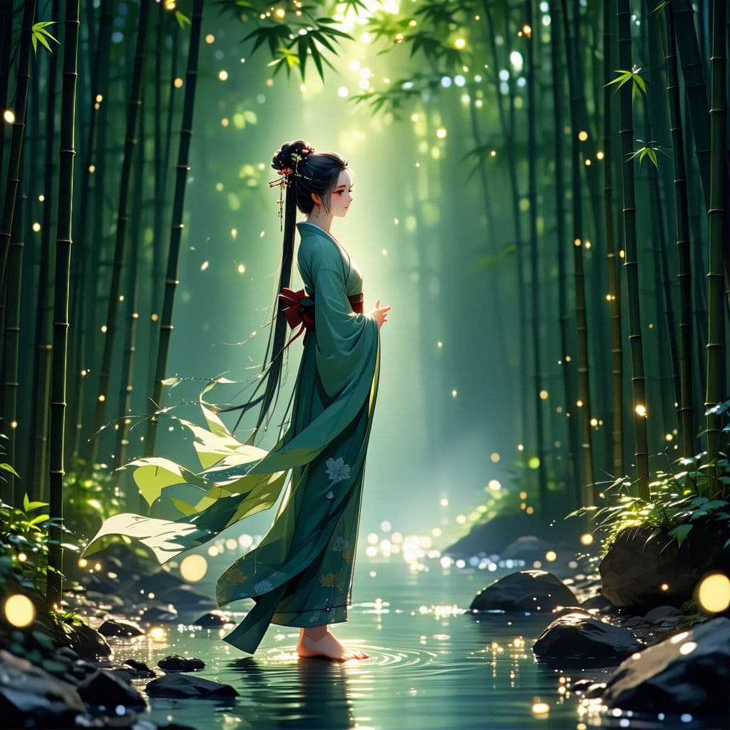 AI generated: Full body view Elegant anime woman in a flowing kimono, barefoot (((show foot)) standing in a bamboo...