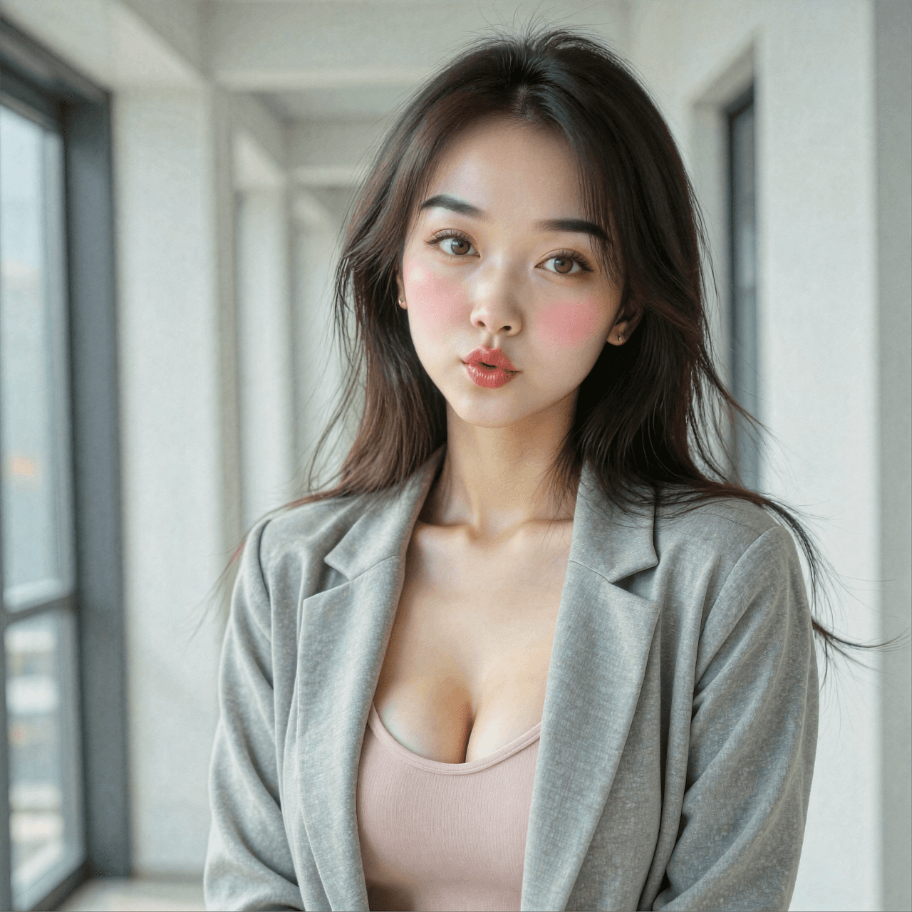 AI generated: A highly detailed, photorealistic, cinematic medium close-up of a playful young East Asian woman mak...