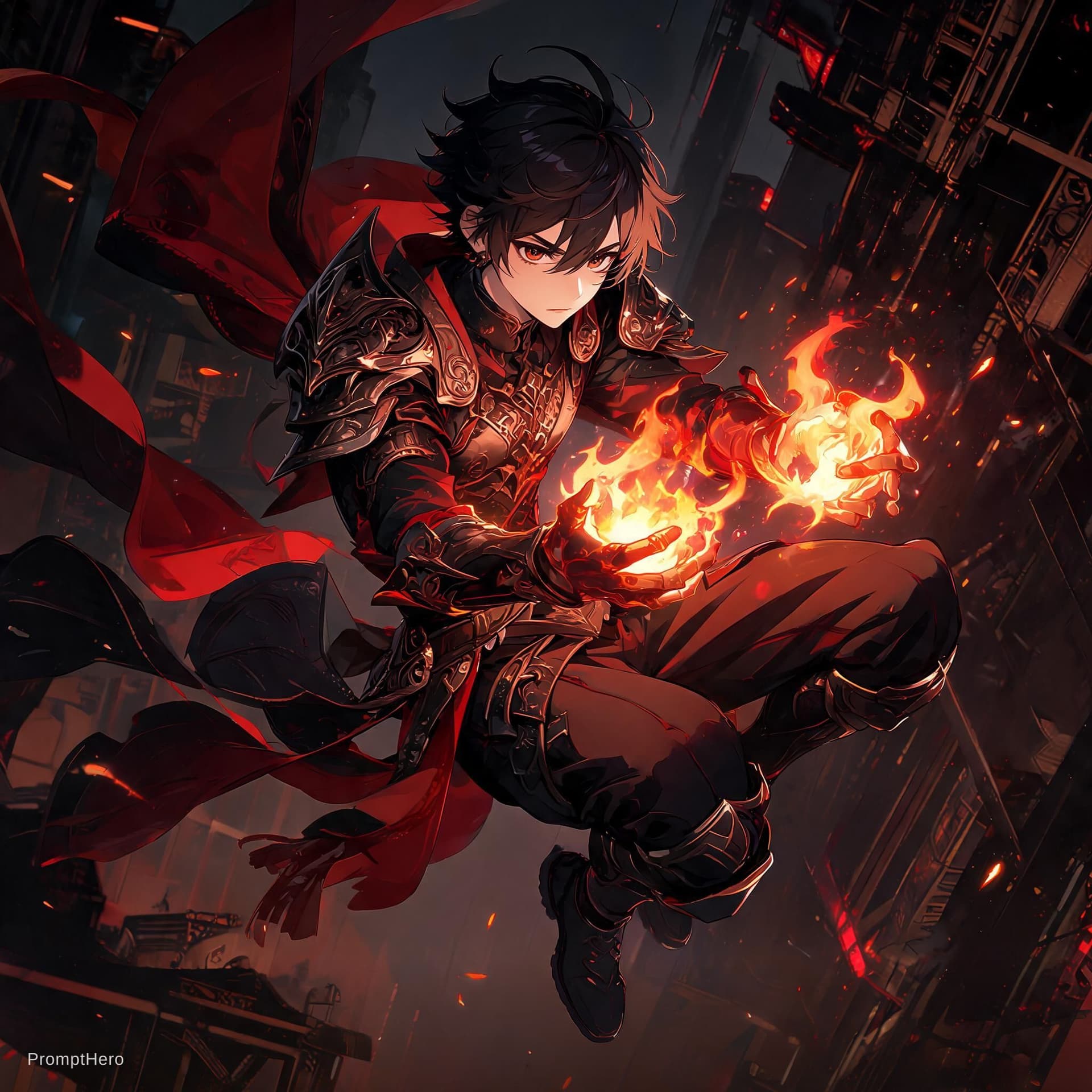 AI generated: anime character is jumping in the screen and holding fire, in the style of richly detailed genre pai...