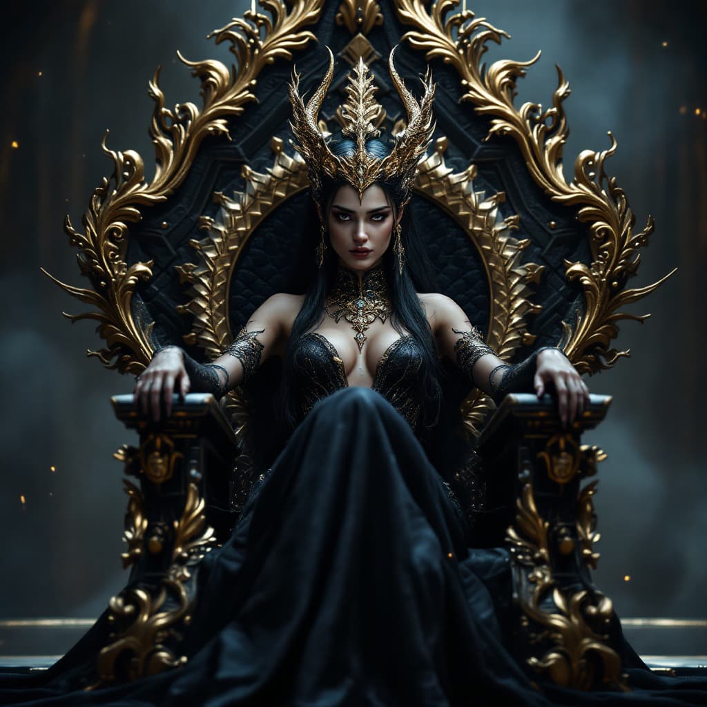 AI generated: A very beautiful queen sitting on a black throne made of gold, with a serpent-dragon like elements a...