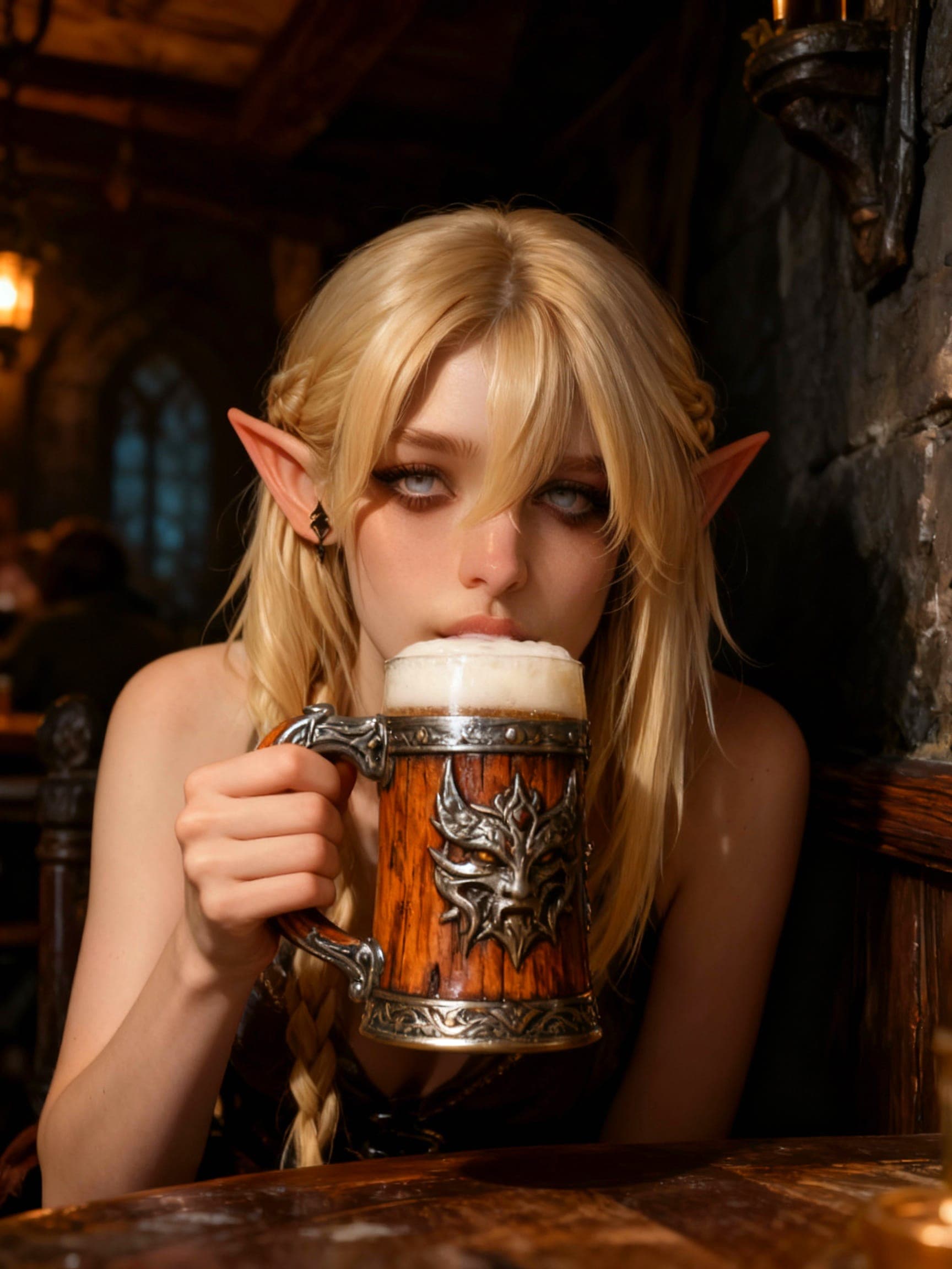 AI generated: (Elf:1.3), (female:1.2), (blonde hair:1.3), (pale skin:1.2), (large ears:1.4), (detailed facial feat...
