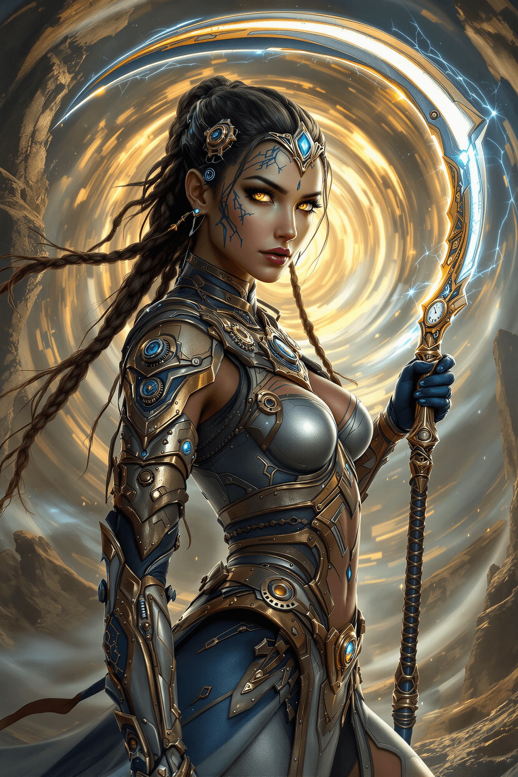AI generated: An ultra-realistic, full-body portrait of a time-traveling warrior woman, projecting a mix of ancien...