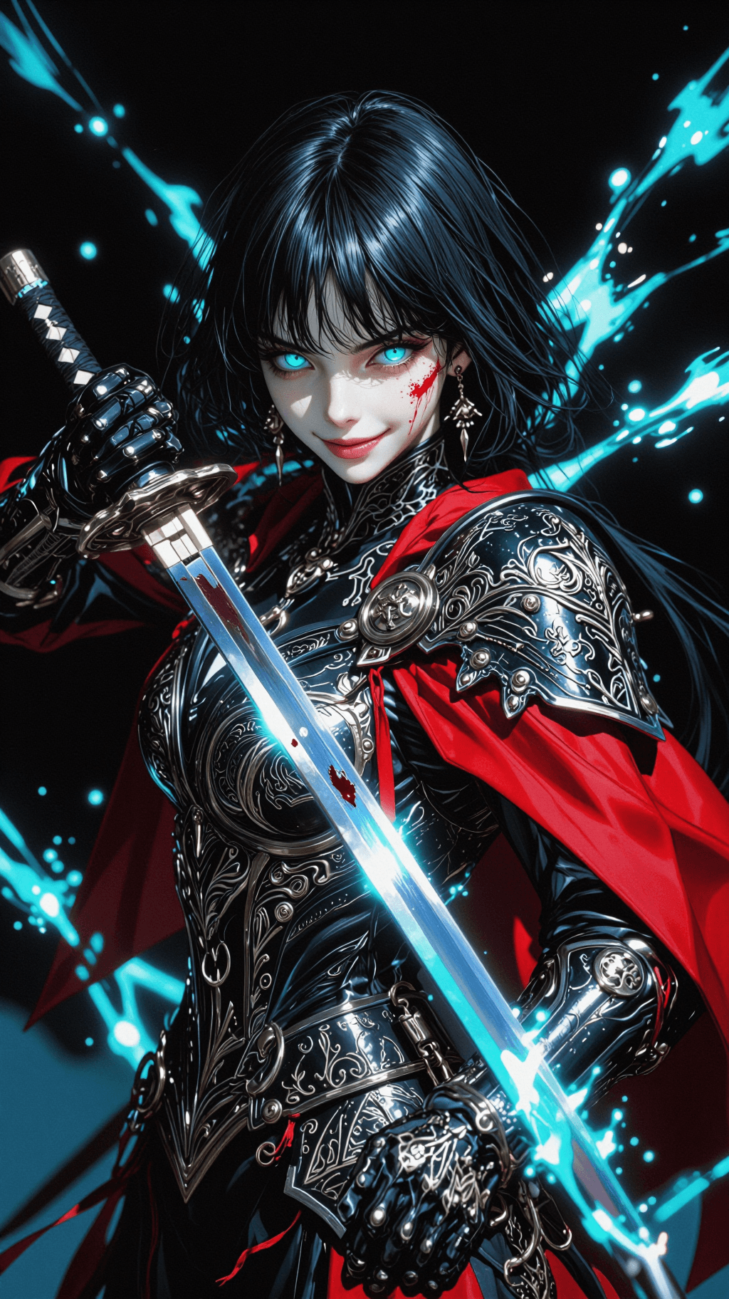 AI generated: A high-octane cinematic gothic anime illustration of a female warrior with long straight black hair ...