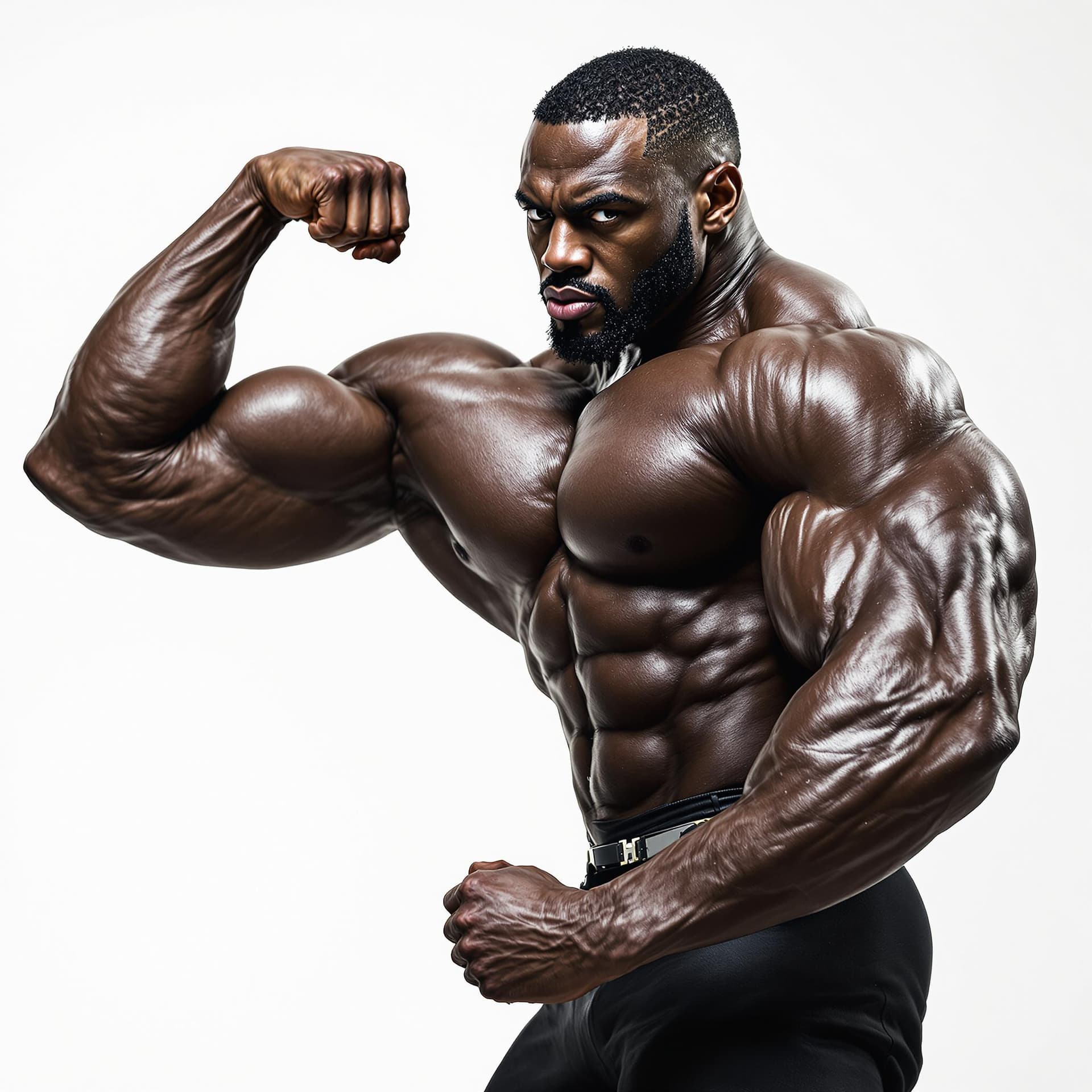 AI generated: a black bodybuilder giving a power pose