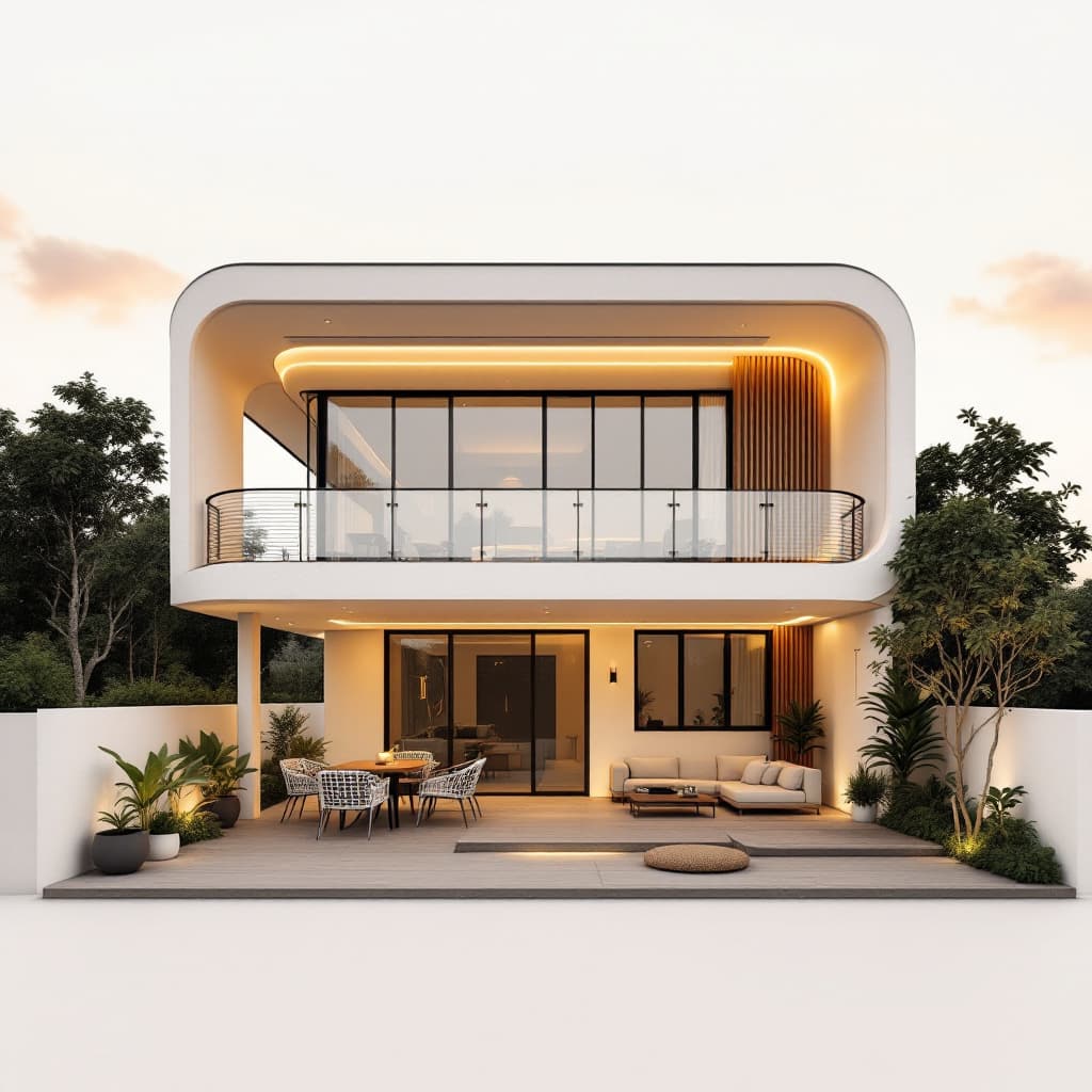 AI generated: Draw a luxury  minimalist one storied vibrant residential house with a curved balcony without garage...