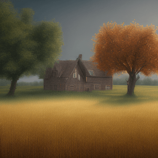 AI generated: a realistic digital oil painting of a house in the middle of a wheat field with a fence and trees su...