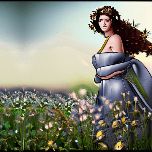 AI generated: hyperrealistic full length portrait of gorgeous goddess | standing in field full of flowers | detail...