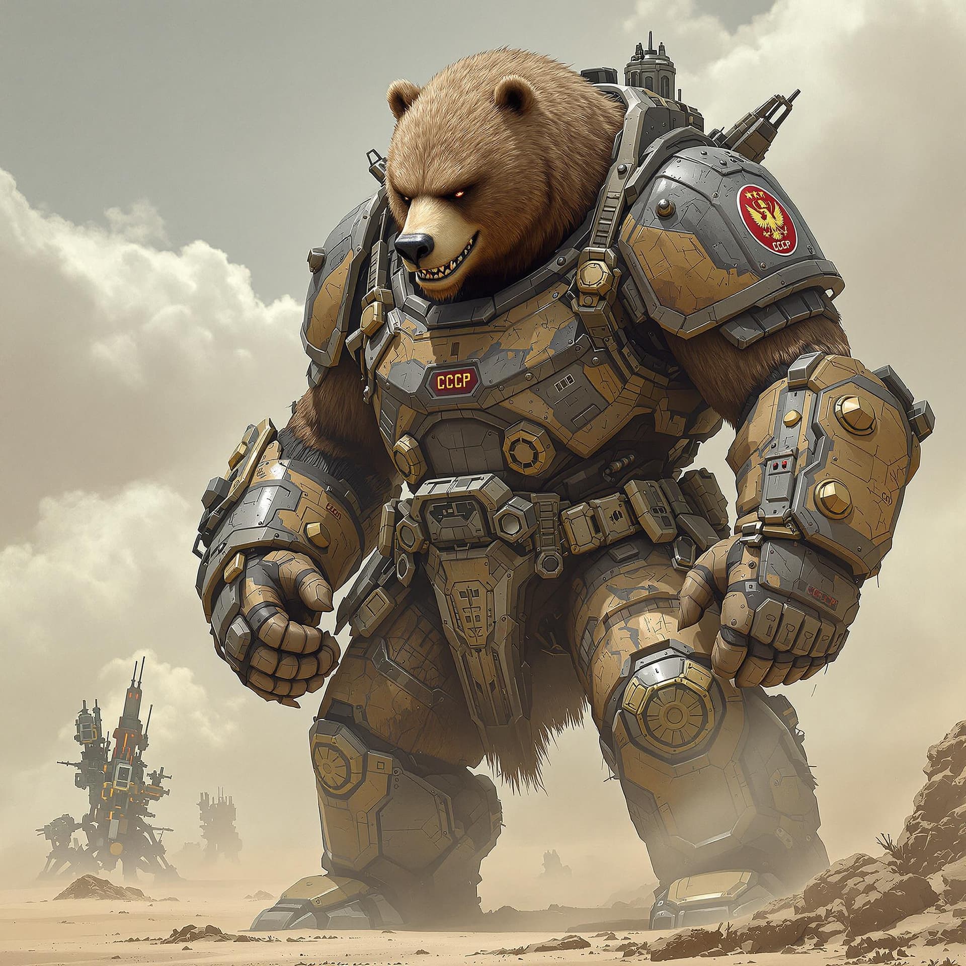 AI generated: A massive, menacing bear, around 4.5 meters tall, is depicted in a dynamic and epic style. Its armor...