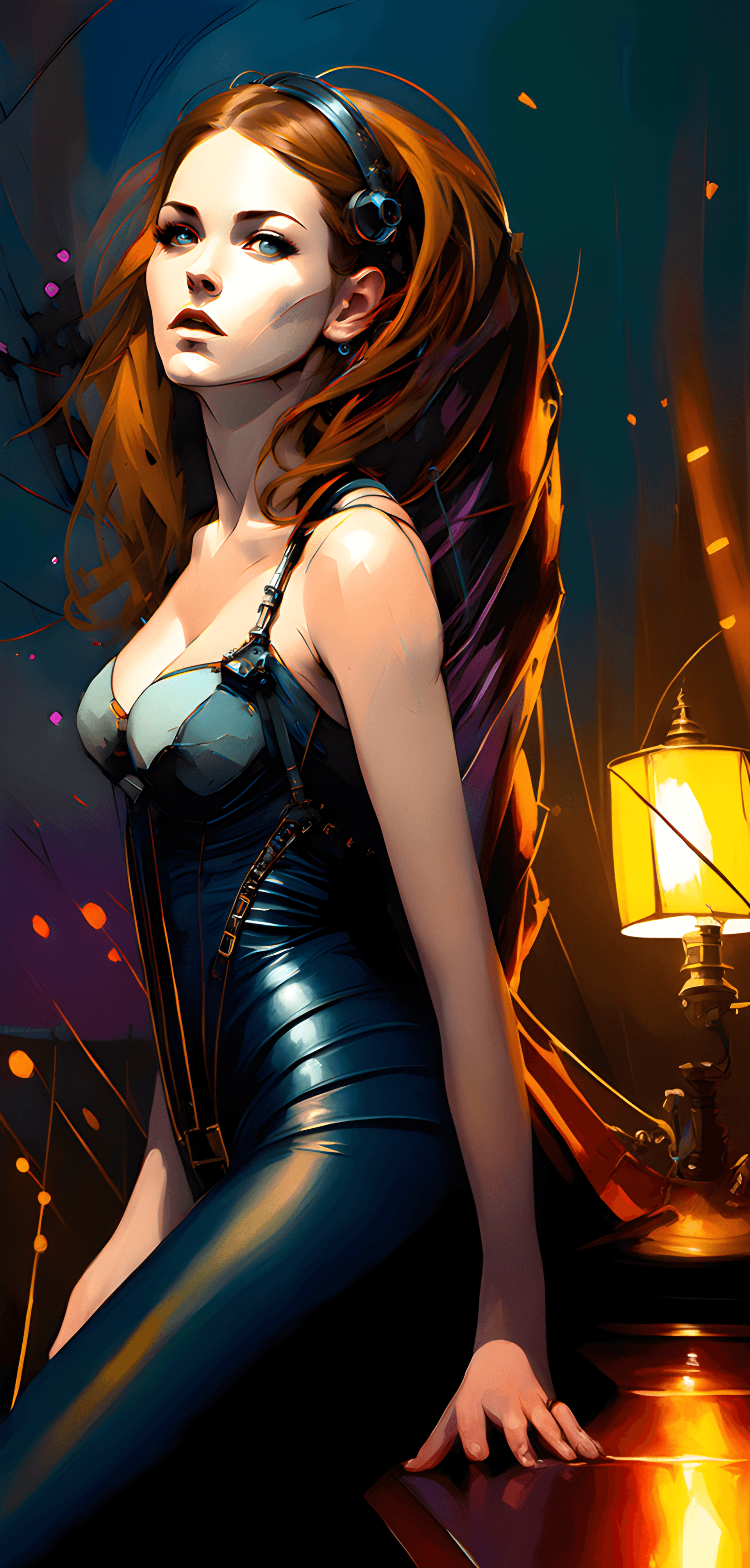 AI generated: girl is predatory animal, airy pin-up sci-fi, gloomy steampunk, dark undertones, background wild nat...